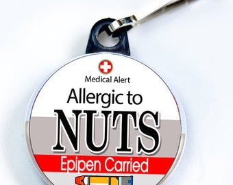 Medic Alert, Allergic to Nuts & Epipen Carried, Metal Button with zipper pull tab attachment hook, Medical Alert  Tag