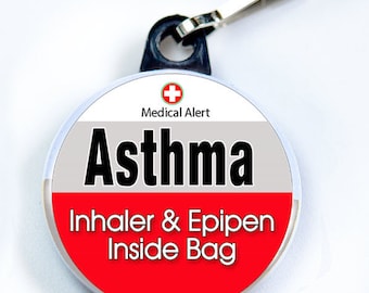 Medic Alert, Asthma Inhaler & Epipen Inside Bag, Pin Button with zipper pull tab attachment hook, Medical Alert  Tag