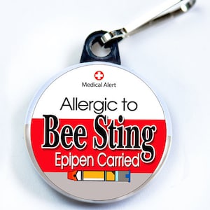 Medic Alert, Allergic to Bee Sting Epipen Carried, Metal Button with zipper pull tab attachment hook, Medical Alert Tag Red