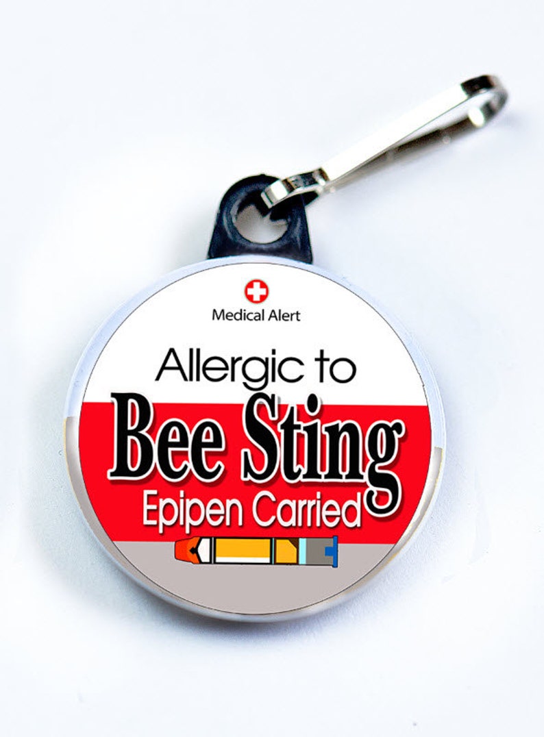 Medic Alert, Allergic to Bee Sting Epipen Carried, Metal Button with zipper pull tab attachment hook, Medical Alert Tag Red