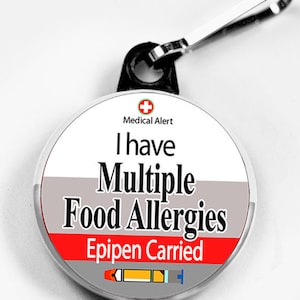 Medic Alert, Multiple Food Allergies & Epipen Carried -  Metal Button with zipper pull tab attachment hook, Medical Alert Tag