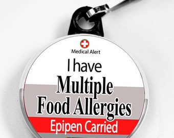 Medic Alert, Multiple Food Allergies & Epipen Carried -  Metal Button with zipper pull tab attachment hook, Medical Alert Tag