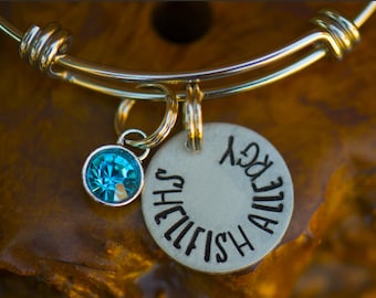 Medic Alert, Bangle with Handstamped charm for Shellfish Allergy