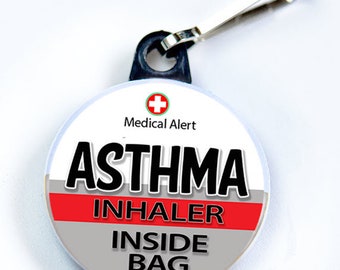 Medic Alert, Asthma - Inhaler Inside Bag, Pin Button with zipper pull tab attachment hook, Medical Alert  Tag