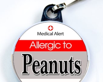 Medic Alert, Allergic to Peanuts, Metal Button with zipper pull tab attachment hook, Medical Alert  Tag