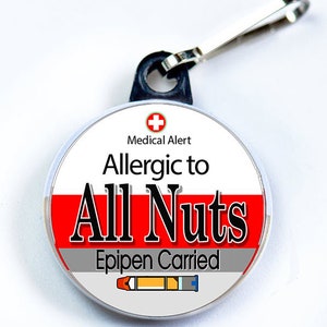 Alerte médicale, allergie aux noix et aux épidermes, bouton en métal avec crochet de fixation pour tirette, étiquette d'alerte médicale Red