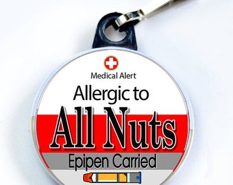 Medic Alert, Allergic to All Nuts & Epipen Carried, Metal Button with zipper pull tab attachment hook, Medical Alert  Tag