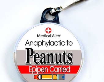 Medic Alert, Anaphylactic to Peanut & Epipen Carried -  Pin Button with zipper pull tab attachment hook, Medical Alert  Tag