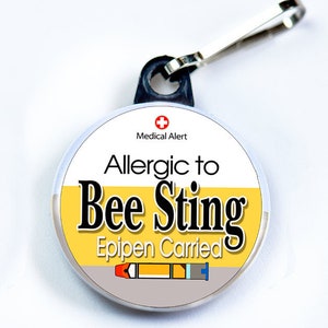 Medic Alert, Allergic to Bee Sting Epipen Carried, Metal Button with zipper pull tab attachment hook, Medical Alert Tag image 3