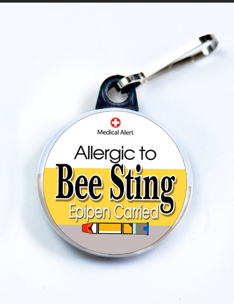 Medic Alert, Allergic to Bee Sting Epipen Carried, Metal Button with zipper pull tab attachment hook, Medical Alert Tag image 3