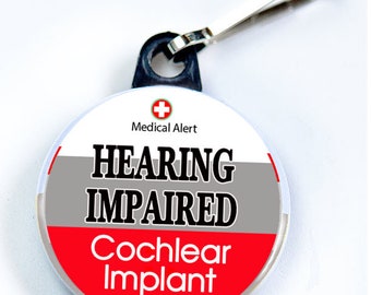 Medic Alert, Hearing Impaired or No MRI - Cochlear Implant, Metal Button with zipper pull tab attachment hook, Medical Alert  Tag