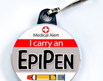 Medic Alert, I Carry an Epipen, Metal Button with zipper pull tab attachment hook, Medical Alert  Tag, Bag Tag