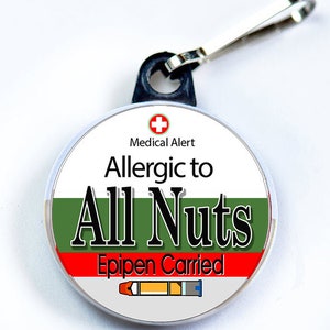 Alerte médicale, allergie aux noix et aux épidermes, bouton en métal avec crochet de fixation pour tirette, étiquette d'alerte médicale Green