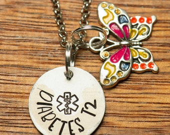 Medic Alert, Diabetes Type1 or Type2 - Medic Alert Necklace, Handstamped
