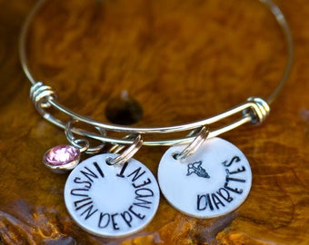 Medic Alert, Bangle with Handstamped charm for Diabetes, Type1 or Type2, Insulin Dependent