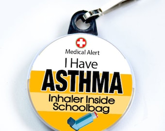 Medic Alert, Asthma Inhaler Inside Schoolbag, Pin Button with zipper pull tab attachment hook, Medical Alert  Tag