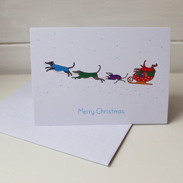 Dog sleigh A6 Christmas Card, Card for Whippet, Greyhound, Lurcher Lover, Cute Festive Card