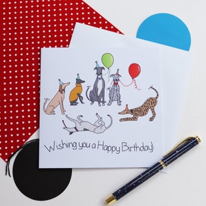 Birthday party Whippet, Lurcher, Greyhound dogs greetings card, Birthday card for dog lover