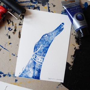 A5 Lino print of Lurcher/Greyhound, gift for Lurcher owner, Sighthound gift