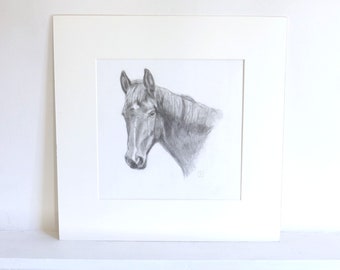 Dessin original au crayon noir et blanc d’un cheval / art du cheval