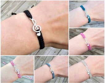 Treble Clef Bracelet - Hemp Music Bracelet - Piano Teacher Musician Gift - Singer Piano Music Lover - Silver or Gold, Black Blue Purple Red