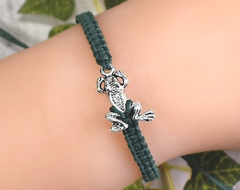 Frog Bracelet - Adjustable Hemp Jewelry - Frog Gifts - Accessories for Frog Lover - for Men or Women, Kids, Teens, Adults - Green, Blue, Red