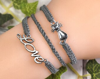 Cat Lover 3 in 1 Bracelet - Adjustable Hemp Macrame Jewelry - Kitten Kitty Cat Gifts For Her - Handmade Jewelry Gifts for Cat Lovers