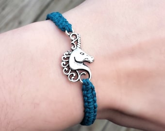 Unicorn Bracelet - Adjustable Hemp Mythical Creature Jewelry - Silver, Gold, or Bronze Charm - Fantasy Gift for Girls, Women, Party Favors