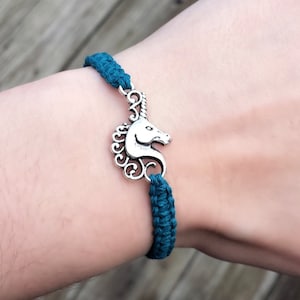 Unicorn Bracelet - Adjustable Hemp Mythical Creature Jewelry - Silver, Gold, or Bronze Charm - Fantasy Gift for Girls, Women, Party Favors