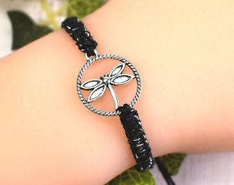 Pulsera de libélula - Joyería de cáñamo con dije de animal ajustable en plata - Regalo de libélula para hombres o mujeres - Joyería de insectos, hiedra inglesa