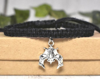 Bat Bracelet for Men or Women - Adjustable Hemp Halloween Jewelry - Eco-Friendly Animal Gifts: Gothic Vampire Bracelet Handmade-to-order