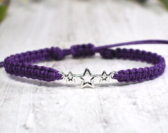 Triple Star Bracelet - Adjustable Hemp Bracelet - Astrology Gift - Astronomy Gift - Celestial Jewelry - Gift for Women - Silver Star Charm