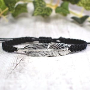 Hemp Feather Bracelet - Adjustable Boho String Jewelry - Silver Bird Feather Charm Bracelet for Men or Women