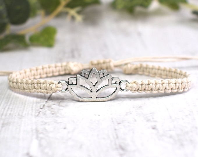 Lotus Flower Bracelet - Adjustable Hemp Bracelet for Men or Women - Zen Yoga - Gifts for Buddhists - Symbolic Jewelry for Purity and Rebirth