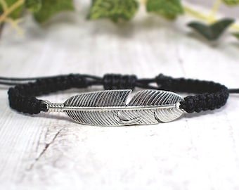 Hemp Feather Bracelet - Adjustable Boho String Jewelry - Silver Bird Feather Charm Bracelet for Men or Women