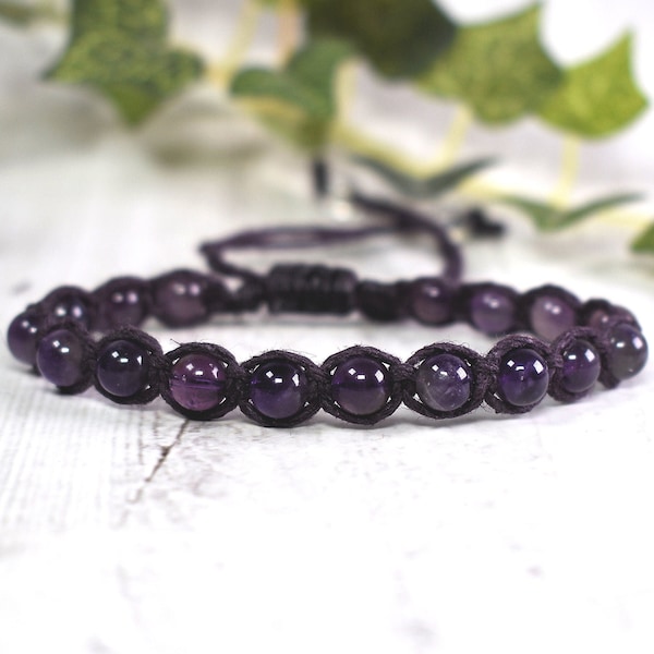 Pulsera de cáñamo y amatista natural para hombre o mujer - Piedra natal de febrero - Regalos de cumpleaños - Joyería para activar el chakra de la corona - Shamballa púrpura