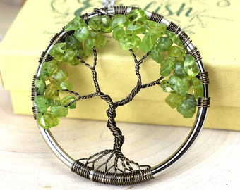 Peridot Tree of Life Necklace - Green Olivine Gemstone Pendant Wire Jewelry - August Birthstone - Genealogy Gift for Women, Mom, Wife