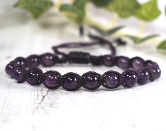 Bracelet en chanvre améthyste naturelle pour homme ou femme - Cadeaux d'anniversaire avec pierre de naissance de février - Bijoux d'activation du chakra de la couronne - Shamballa violet