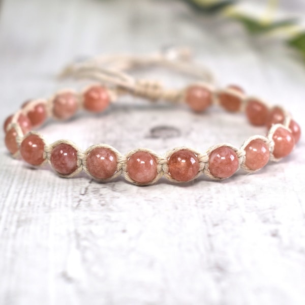 Natural Sunstone Bracelet for Men or Women - Gemstone Shamballa Bracelet - Pink Beaded Hemp Bracelet - Healing Crystal Jewelry - English Ivy