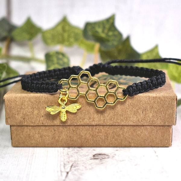 Honeycomb Bee Bracelet - Adjustable Hemp Honeycomb Jewelry - Honey Bee Gifts for Beekeepers - Save the Bees Gift Ideas for Men or Women