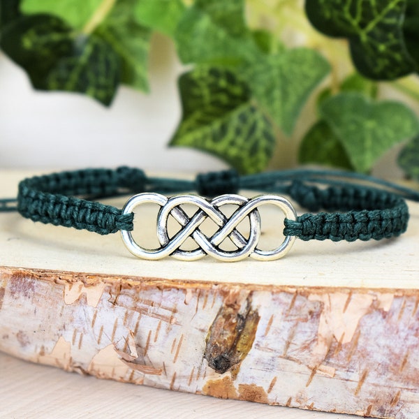 Double Infinity Bracelet - Celtic Knot Jewelry - Adjustable Hemp Irish Gifts for Men or Women - Bronze Silver Green Black Red Blue Purple