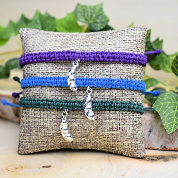 Three Peas in a Pod Bracelet Set - Adjustable Hemp Friendship Bracelets - Gift for 3 Sisters, Triplets, Best Friends, Family - Custom Colors