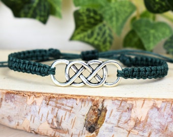 Double Infinity Bracelet - Celtic Knot Jewelry - Adjustable Hemp Irish Gifts for Men or Women - Bronze Silver Green Black Red Blue Purple