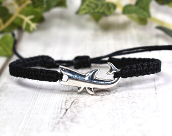 Hai Hanf Armband für Männer oder Frauen - Geschenke für Meeresbiologen, Hai-Liebhaber - Kordelschnur Armband mit silbernem Tieranhänger