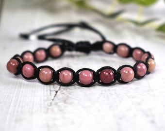 Natural Rhodochrosite Bracelet for Men or Women - Hemp Shamballa Bracelet with Pink Gemstones - Heart Chakra Activation Jewelry for Love