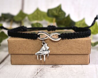 Piano Bracelet - Hemp Bracelet with Piano and Infinity Charms, Music Jewelry, Piano Teacher Gift for Pianist, Musician, Piano Student Player