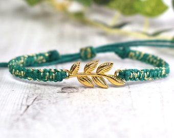 Leafy Branch Bracelet for Men or Women, Adjustable Hemp Jewelry for Nature Lover, Gold Leaves Charm Bracelet, Gift for Gardener, English Ivy