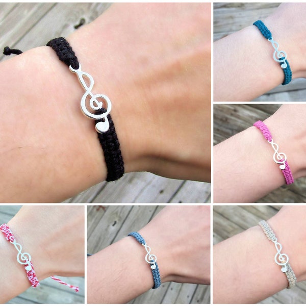 Treble Clef Bracelet - Hemp Music Bracelet - Piano Teacher Musician Gift - Singer Piano Music Lover - Silver or Gold, Black Blue Purple Red