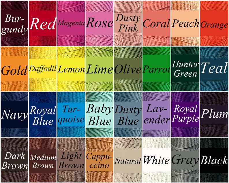 May include: A color chart of 36 different colors of thread, arranged in four rows of nine colors each. The colors are labeled with their names, such as "Burgundy", "Red", "Magenta", "Rose", "Dusty Pink", "Coral", "Peach", "Orange", "Gold", "Daffodil", "Lemon", "Lime", "Olive", "Parrot", "Hunter Green", "Teal", "Navy", "Royal Blue", "Turquoise", "Baby Blue", "Dusty Blue", "Lavender", "Royal Purple", "Plum", "Dark Brown", "Medium Brown", "Light Brown", "Cappuccino", "Natural", "White", "Gray", and "Black".