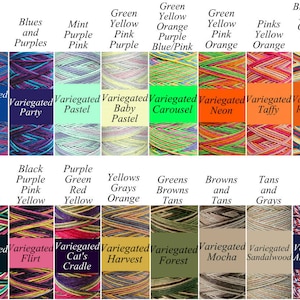 May include: A collection of yarn skeins in various colors and patterns, including blue, pink, green, yellow, orange, purple, and black. The yarn is arranged in rows, with each skein labeled with a name, such as "Variegated Dance Off", "Variegated Party", "Variegated Pastel", "Variegated Baby Pastel", "Variegated Carousel", "Variegated Neon", "Variegated Taffy", "Variegated Rainbow", "Black Red Green Yellow", "Black Purple Pink Yellow", "Purple Green Red Yellow", "Yellows Grays Orange", "Greens Browns Tans", "Browns and Tans", "Tans and Grays", "Red White Blue", "Variegated Rasta", "Variegated Flirt", "Variegated Cat's Cradle", "Variegated Harvest", "Variegated Forest", "Variegated Mocha", "Variegated Sandalwood", and "Variegated Americana".